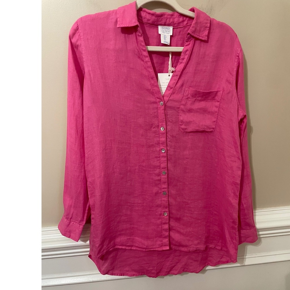 Sigrid Olsen Pink 100% Linen Long Sleeve Roll Tab Button Down Shirt S V-Neck